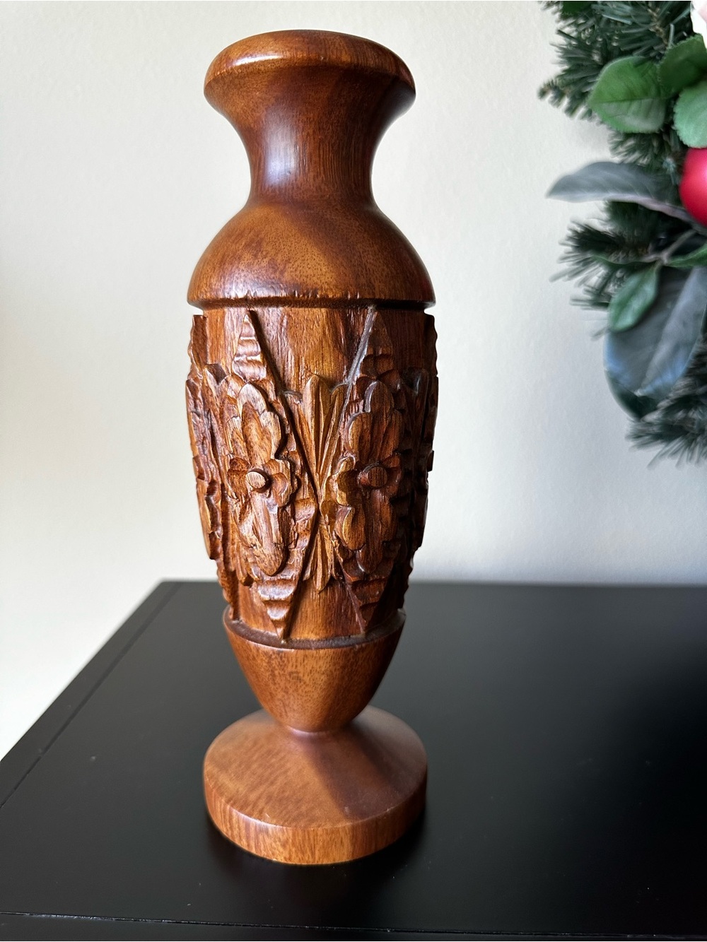 Carved Wood Floral Decorative Vase 10” Brown Natural Grain Rustic Boho Decor